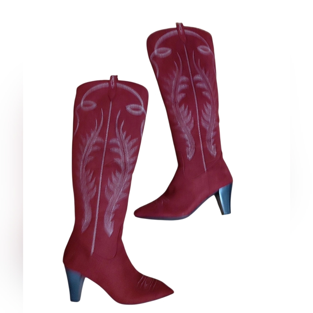Women's Tall Red Cowboy Boots Western Suede Heeled Cowgirl Boots 10
